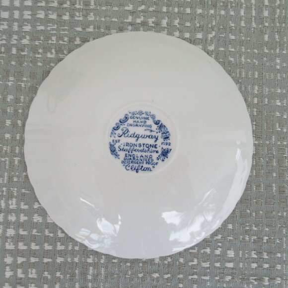 Staffordshire Ridgway Cup & Saucer Clifton England Blue White Scalloped Set of 2 - Picture 7 of 14